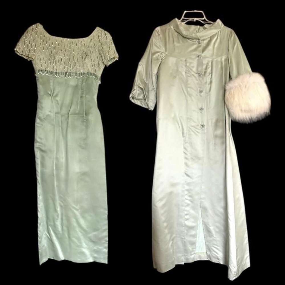 STUNNING 1950s-1960s DRESS & COAT Set Ensemble Vintage Long Satin Green Formal